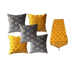 Pink Parrot Yellow 12x70 inch Jacquard Silk Table Runner With 5Pcs Cushion Covers-image-88