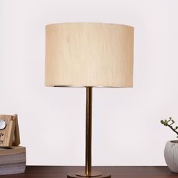 Aura Off White Traditional Cylindrical Shaped Cotton Shade Wooden Table Lamp-4