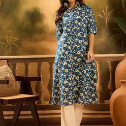 Sangria Floral Printed Mandarin Collar Cotton A-Line kurta-picture-14