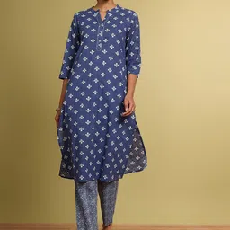 Taneira Mandarin Collar Floral Printed Pure Cotton Straight Kurta with Trousers-image-39