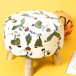 THREADVIBE LIVING White & Green Printed Wooden & Velvet Round Ottoman-image-68
