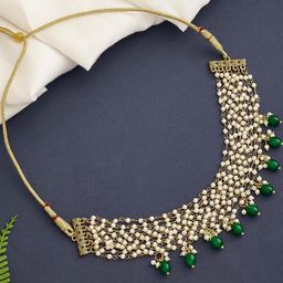Anouk Gold Plated Artificial Beaded & Emerald Stone Studded Necklace-image-3