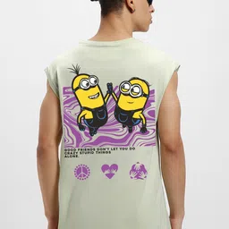 Bewakoof Men Official Minions Merchandise Fog Green Best Buds Graphic Print Boxy Fit Vest-picture-44