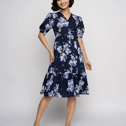 DressBerry Floral Printed Puff Sleeves Crepe Fit & Flare Dress-image-88