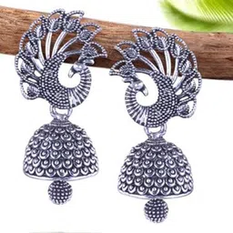 MEENAZ Set Of 5 Silver-Plated Peacock Shaped Oxidised Jhumkas-image-58