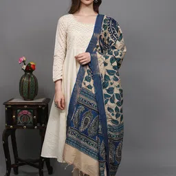 Exotic India Floral & Peacock Printed Cotton Silk Kalamkari Dupatta From Telangana-image-65