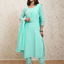 Vishudh Women Ethnic Motifs Printed Regular Pure Cotton Kurta with Trousers & With Dupatta-17