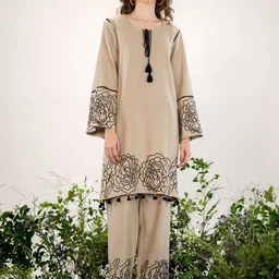 Kaftanize Royal Beige Floral Border Embroidered Co-Ord Set In Cotton Flex-image-14