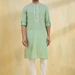 Fabindia Men Striped Chikankari Band Collar Cotton Straight Kurta-36