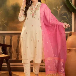 Sangria Floral Embroidered Mandarin Collar Pure Cotton Kurta And Trousers With Dupatta-36