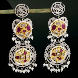 ATIBELLE Silver-Plated Artificial Stones Studded And Beaded Contemporary Drop Earrings-8