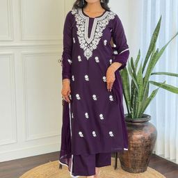 KALINI Floral Embroidered Thread Work Pure Cotton Kurta With Trousers And Dupatta-picture-3