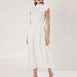 Trendyol Women High Neck Cap Sleeves Fit & Flare Midi Dress-picture-24