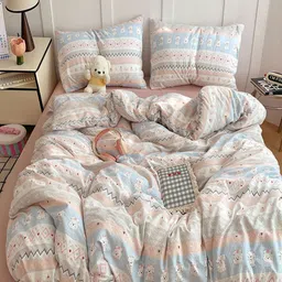 JC HOME Pink & Blue Cartoon Characters Polycotton 3 Piece Double Queen Regular Bedding Set-image-92