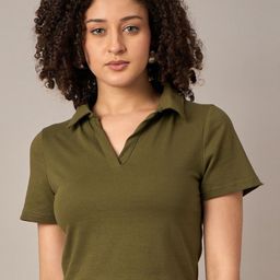Mayra Women Solid Polo Collar Cotton T-shirt-image-40