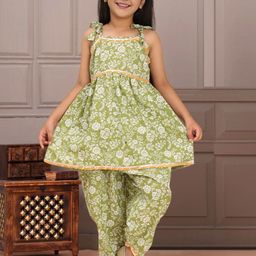 Cutiekins Girls Floral Printed Gotta Patti A-Line Kurti With Dhoti Pants-image-5