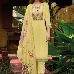 Indo Era Women Floral Embroidered Regular Thread Work Pure Cotton Kurta with Trousers & With Dupatta-image-79