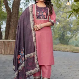 NIZA FASHION Floral Yoke Design Round Neck Straight Kurta With Trousers & Dupatta-picture-32