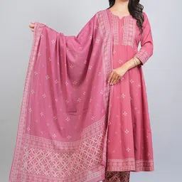 MF Hayat Bandhani Printed Pure Cotton Anarkali Kurta With Trousers & Dupatta-picture-10