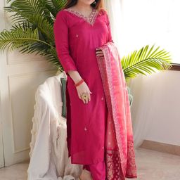 KOTRONS Women Ethnic Motifs Thread Work Chanderi Silk Kurta with Trousers & Dupatta-image-21