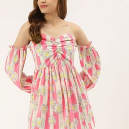 KHUMAAR Shuchi Bhutani Pink Off-Shoulder Floral PrintedCrepe Dress-image-24