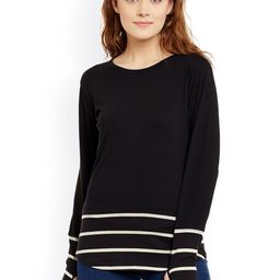 Hypernation Women Black & White Striped Longline Round Neck T-shirt-image-53