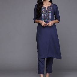 Biba Women Navy Blue Printed Kurta with Trousers-picture-48