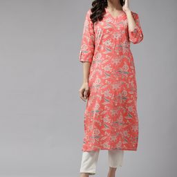 Amirah s Women Peach-Coloured & Blue Ethnic Motifs Screen Print Cotton Straight Kurta-28