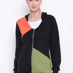 Belle Fille Women Black & Orange Colourblocked Hooded Sweatshirt-image-87