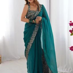 Saree Mall Teal blue Chiffon Embroidery Saree with Blouse Piece-image-99
