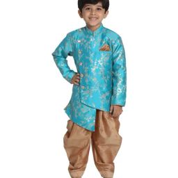 VASTRAMAY Kids Turquoise & Rose Gold Embellished Sherwani Set-image-68