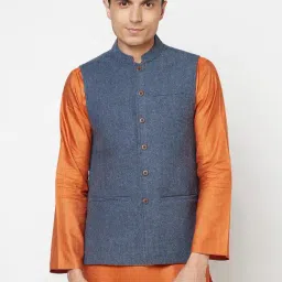 Fabindia Dark Blue Sleeveless Mandarin Collar Nehru Jacket-image-25