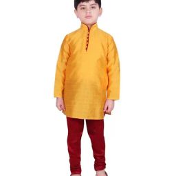 SG Yuvraj Kids Yellow & Maroon Textured Pattern Full Sleeves Kurta Set-image-68