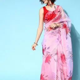 Blissta Pink Floral Print Saree With Unstitched Blouse-picture-23