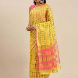 Blissta Yellow Cotton Silk Chequered Saree With Unstitched Blouse-image-30