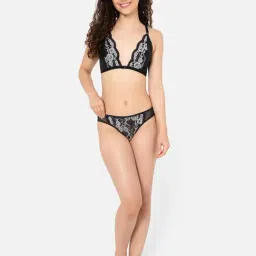 Clovia Black Self Design Front-Open Bra & Bikini Panty-image-10