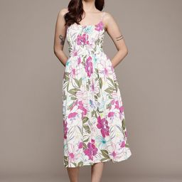 GAP Floral Printed Shoulder Straps Smocked Fit & Flare Midi Dress-image-12