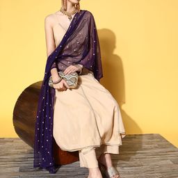 HERE&NOW Women Beige & Blue Solid Viscose Rayon Spaghetti Straps Kurta Set-picture-0
