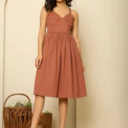 KASYA Women Solid Smocked Cotton Sweetheart Neck A-Line Dress-picture-27