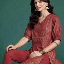 Sangria Ethnic Motifs Foil Printed Pure Cotton Gotta Patti Kurta with Trousers-picture-20