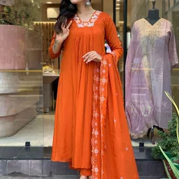 KALINI Ethnic Motifs Embroidered Thread Work Silk Chiffon Kurta With Trousers & Dupatta-picture-19