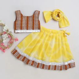 Many Frocks Kids Brown & Yellow Embellished Lehenga, Choli with Dupatta-image-36