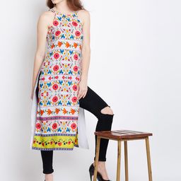 Berrylush Women White & Pink Printed Straight Kurta-image-90