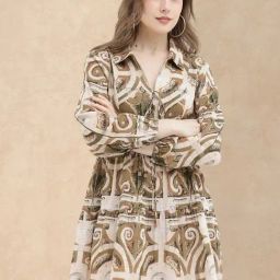 RAREISM Green Cotton Printed Long Sleeves Dress-image-92