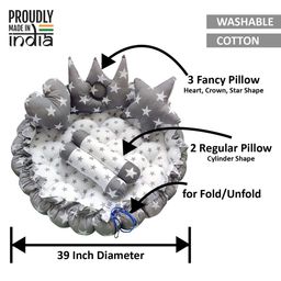 LOREM Infants Grey & White Printed Circular Tub Bed with 5 Pillow Set image 2