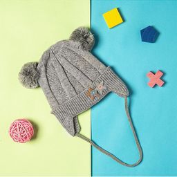 Baby Moo Unisex Kids Grey Self Design Woollen Beanie With Tie For Ear Cover-18