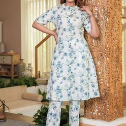 Angvarnika Floral Printed Mandarin Collar Pure Cotton Straight Kurta With Trousers-image-63