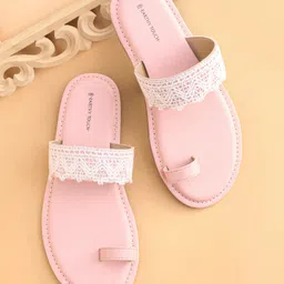 Earthy Touch Premium Slip On Ethnic Wear Mojaris with Lace - Pink-picture-46