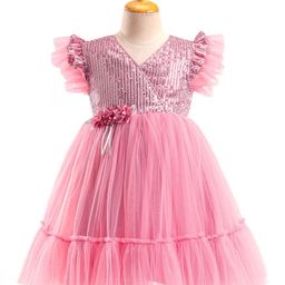 Babyhug Flutter Sleeves Party Wear Frock With Sequin Detailing & Floral Applique- Dusty Pink-16