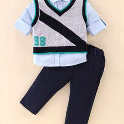 ToffyHouse Full Sleeves Shirt & Pant Set With Flat Knit Sweater Number Print - Blue & Grey-image-104